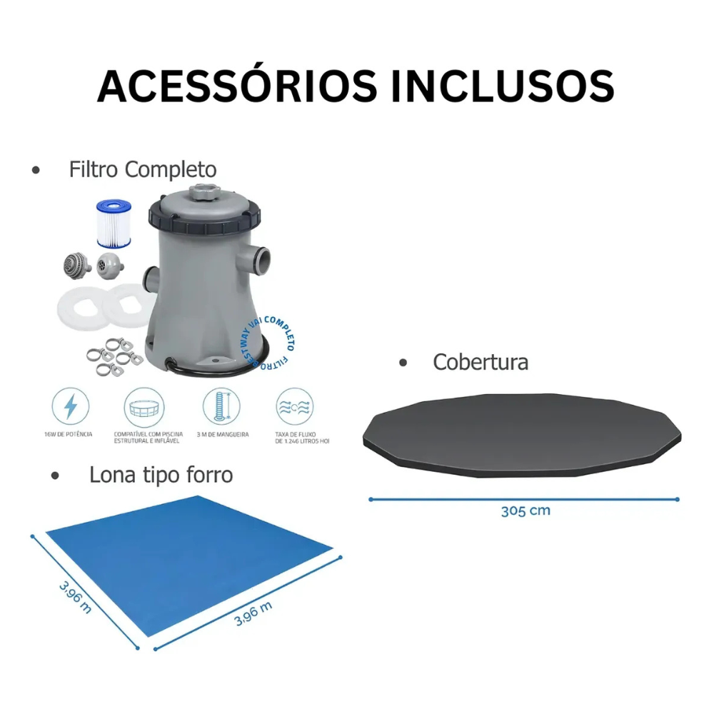 Kit Piscina Estruturada 6473L 3,66m Bestway Completa + Filtro 127V, Capa e Lona