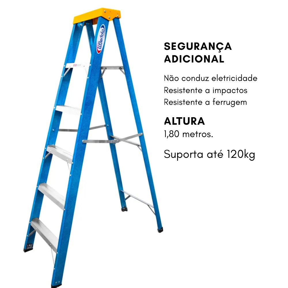 Escada de Fibra e Alumínio Tesoura Simples Premium 1,80m 6 Degraus 120kg W.Bertolo