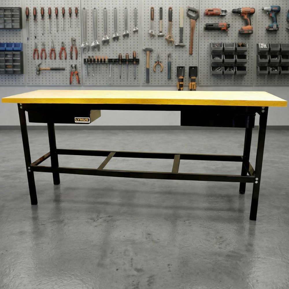 Bancada de Oficina Aberta com 2 Gavetas 400kg 2 Metros Tampo 40mm Lynus