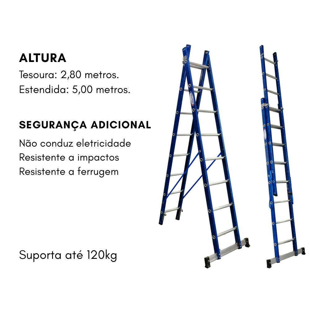 Escada de Alumínio e Fibra Tesoura Extensível Premium 2,80×5,00m 9×16 Degraus 120kg W.Bertolo