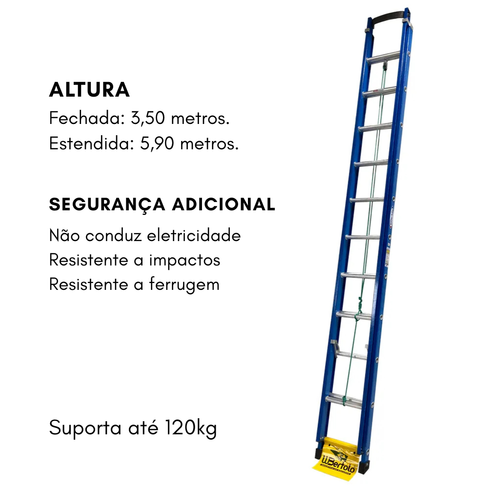 Escada de Fibra e Alumínio Extensível Premium 3,50x5,90m Tipo D 19 Degraus 120kg WBERTOLO