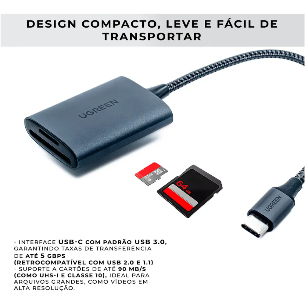 Leitor de Cartão UGREEN 80888 USB-C para SD e Micro SD/TF