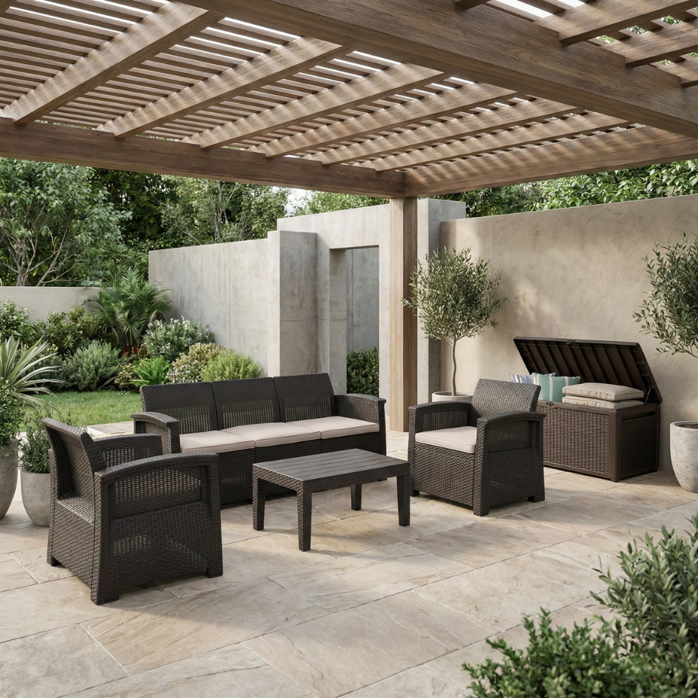 Conjunto Jogo Poltrona 5 Lugares Para Jardim Rattan Com Baú Organizador Syberflex