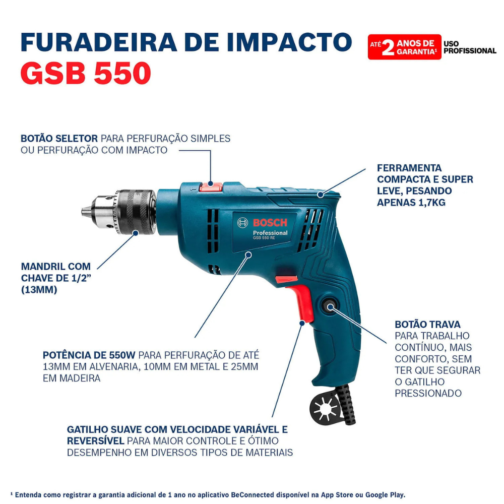 Kit Furadeira de Impacto Bosch GSB 550RE 550W com Jogo de Brocas e Bits X-Line 33 Peças com Maleta