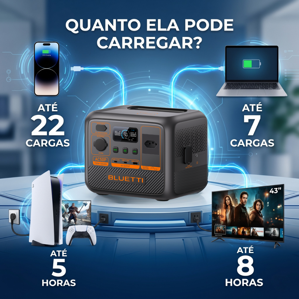 Kit Estação de Energia Gerador Solar BLUETTI AC50P 700W 504Wh + Painel Solar Portátil 220W