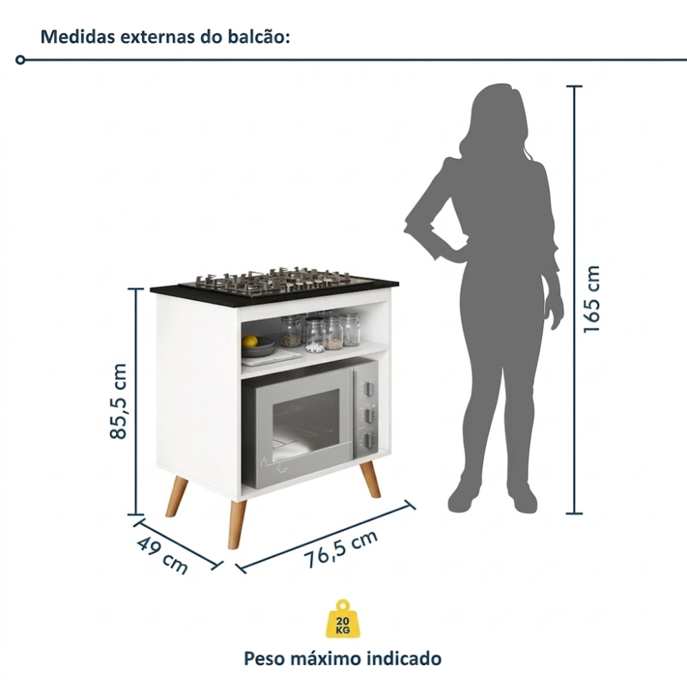 BALCÃO DE COZINHA PARA COOKTOP 4 E 5 BOCAS PARMA BRANCO KAIKI