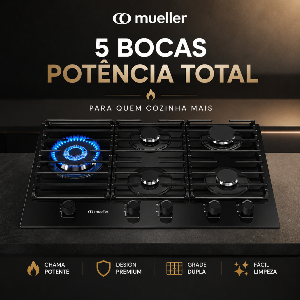 Cooktop Mueller 5 Bocas Vidro Tripla Chama MCG5BM Bivolt