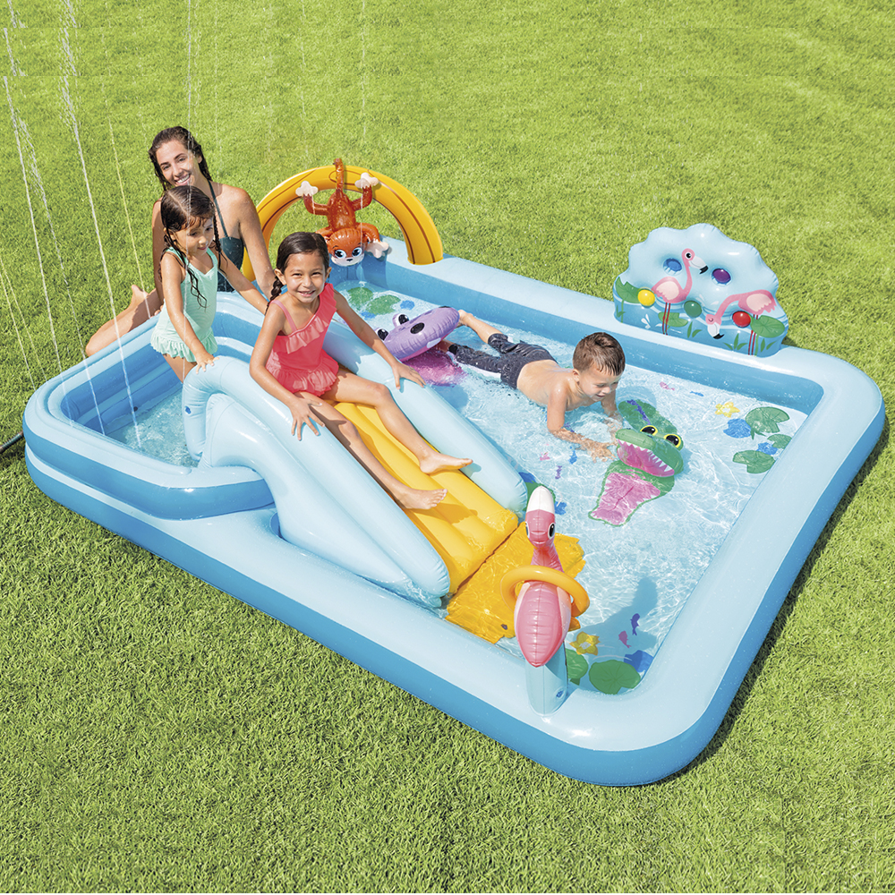 Piscina Playground 493 Litros Aventura na Floresta Bomba de Ar Manual Intex