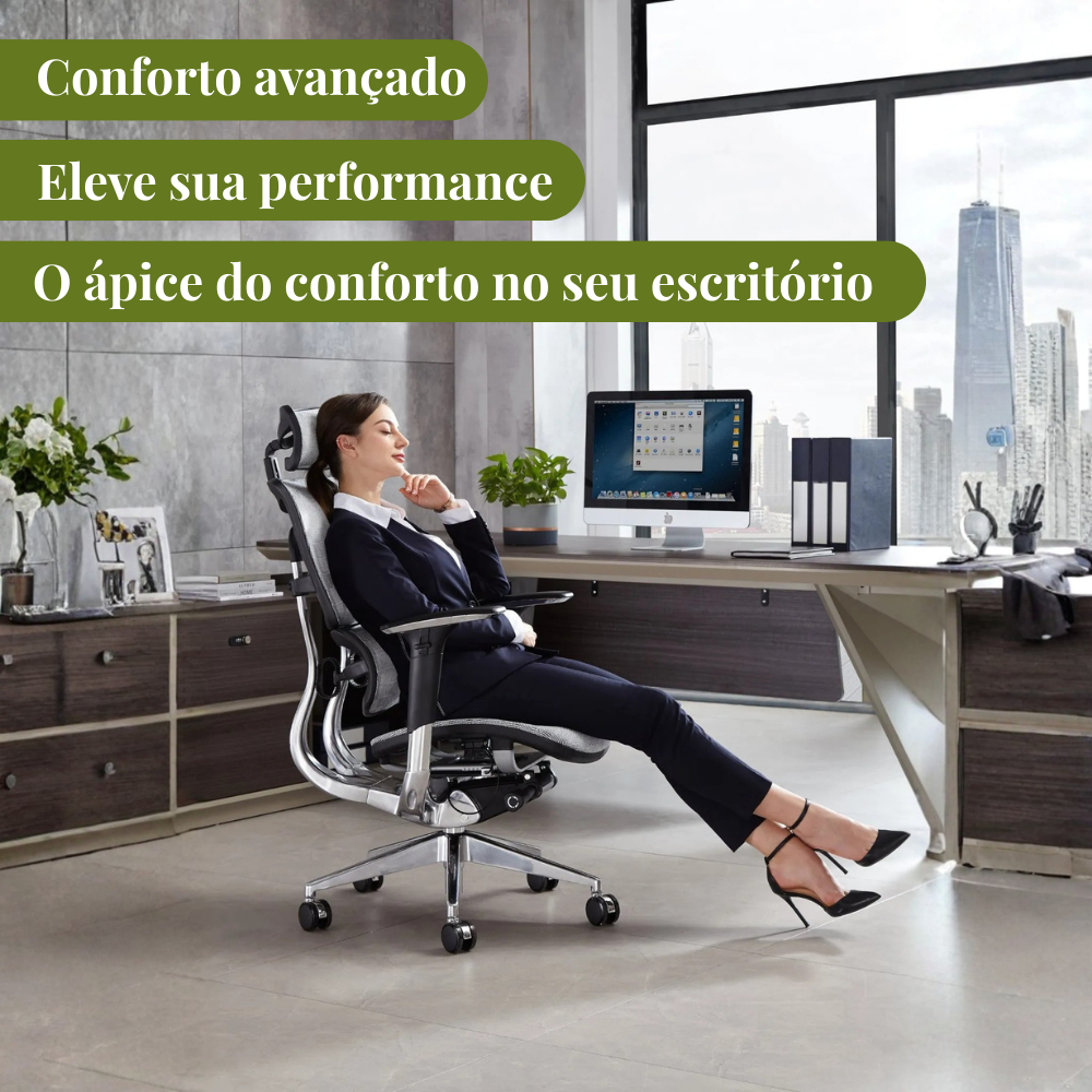 Cadeira de Escritório Ergonômica Executiva SyberFlex com Apoio de Pés Retrátil e Tela Mesh