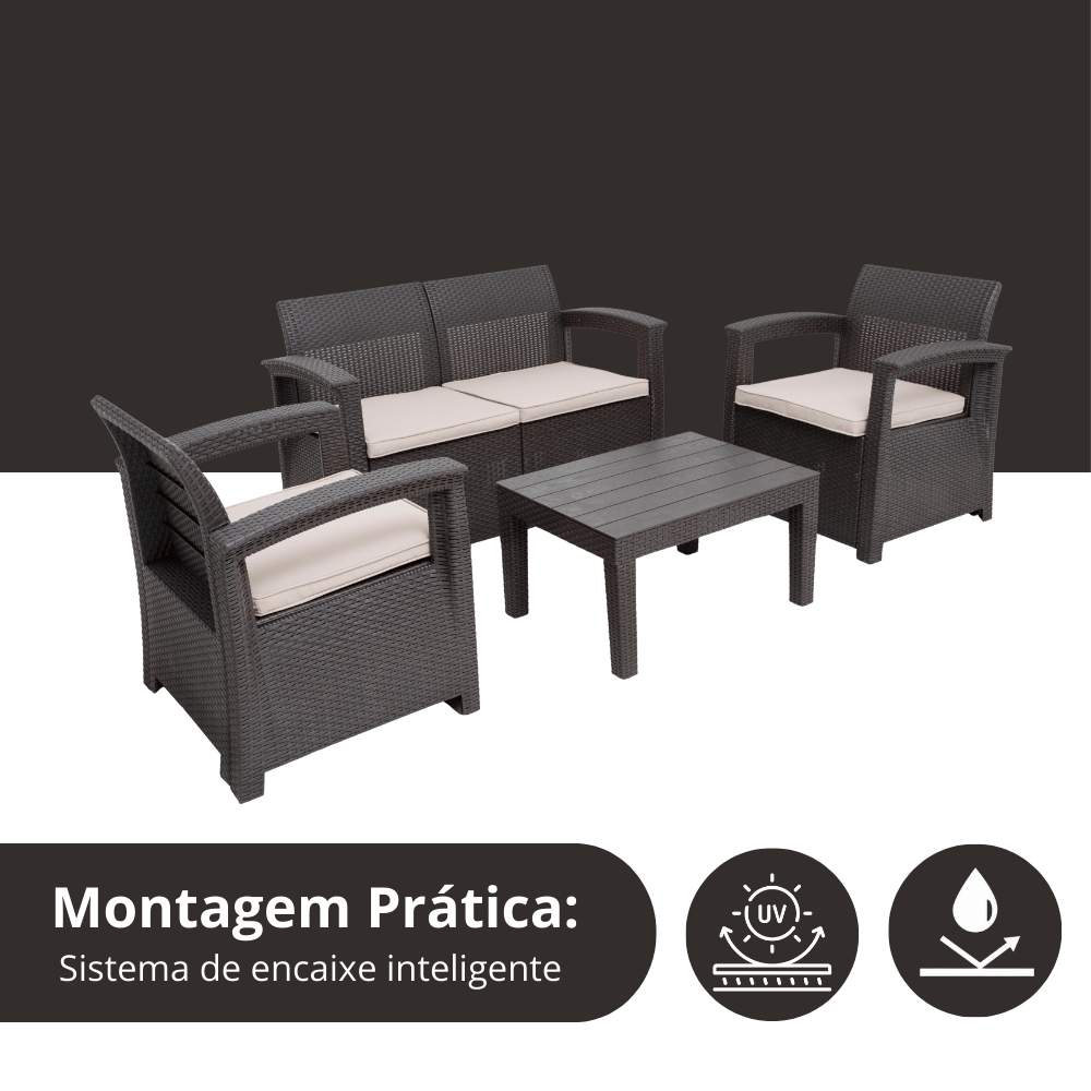 Conjunto de Sofá 4 Lugares para Jardim Área Externa Rattan Syberflex com Mesa e Almofadas
