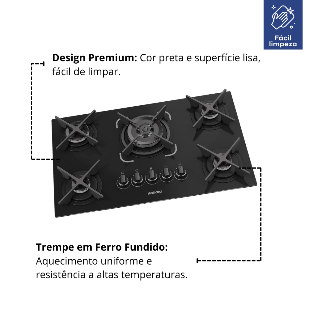 Fogão Cooktop 5 Bocas Tripla Chama Itatiaia Trempe Ferro Fundido Itacook Premium