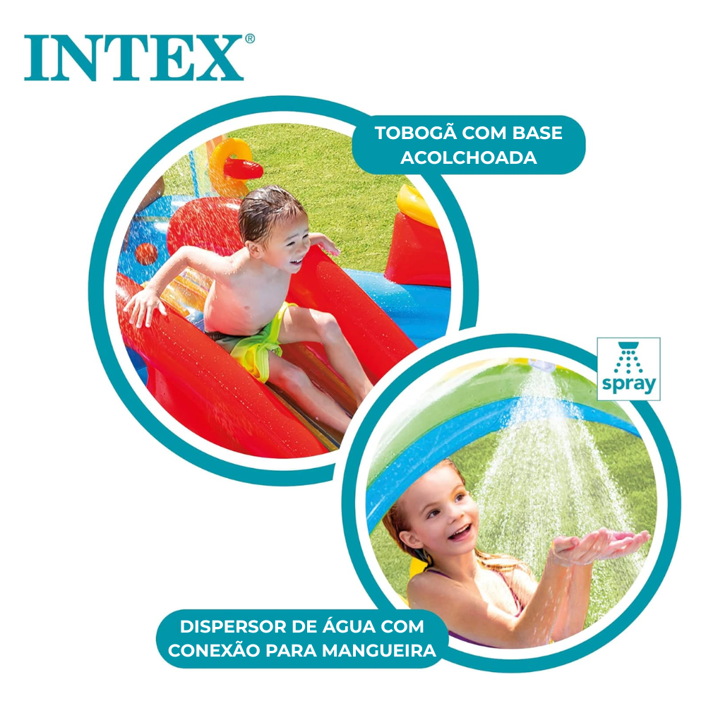 Kit Piscina Playground Arco-Íris 227 Litros Com Tobogã Com Bomba Manual Intex