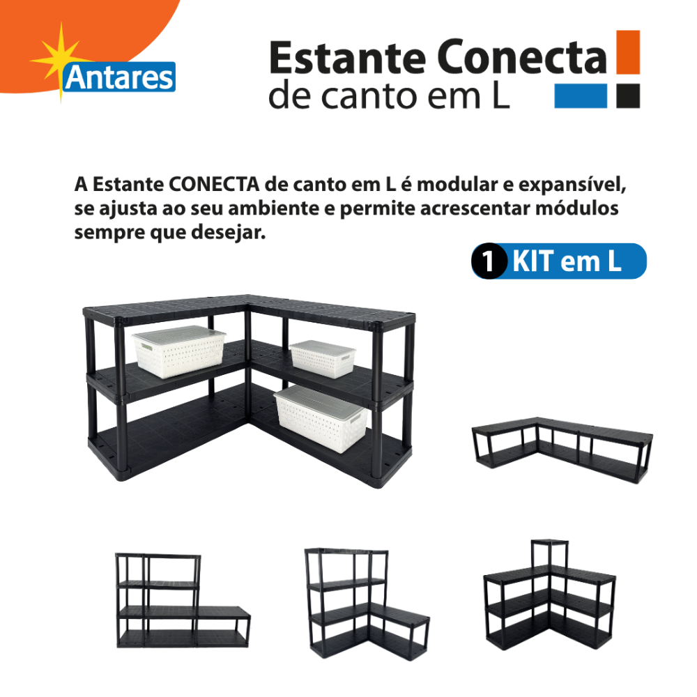 Estante Plástica Conecta em L Modular Preta Antares