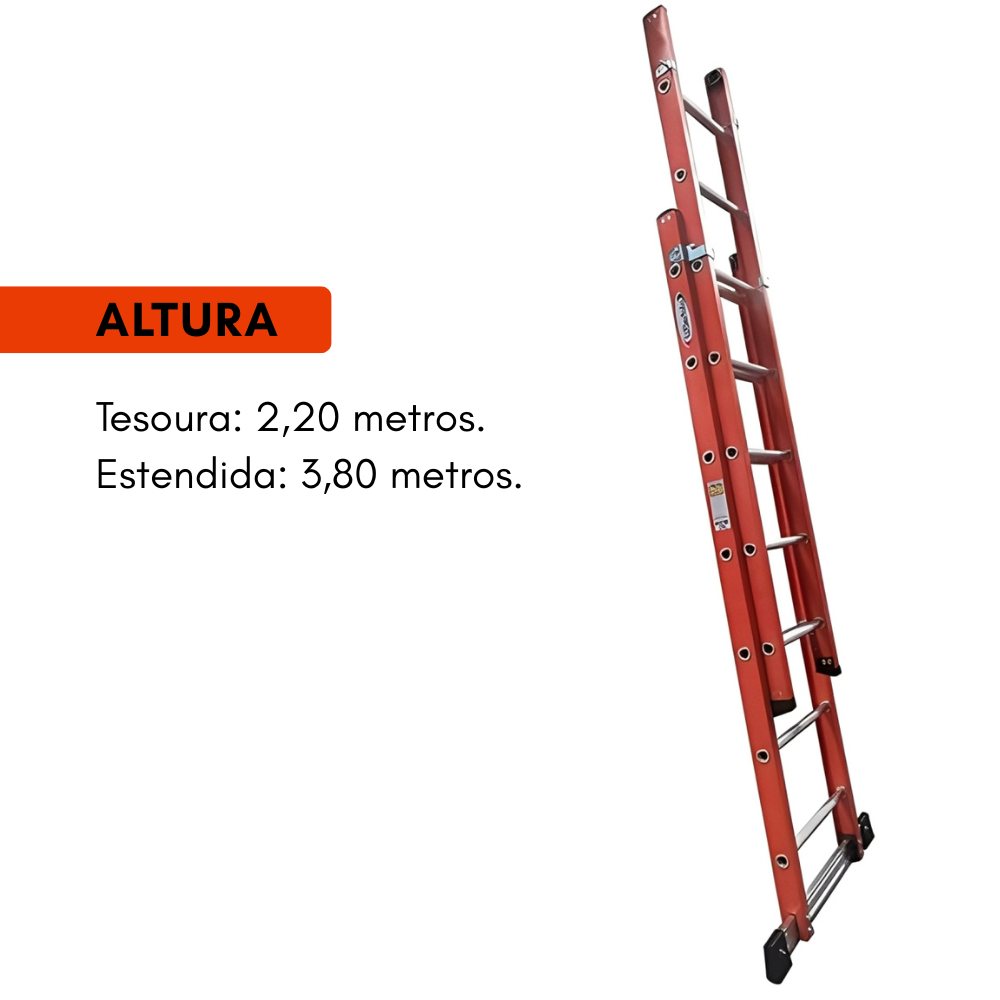 Escada Alumínio Fibra 7x12 Degraus Tesoura Extensível 2,20x3,80m 120kg W.Bertolo