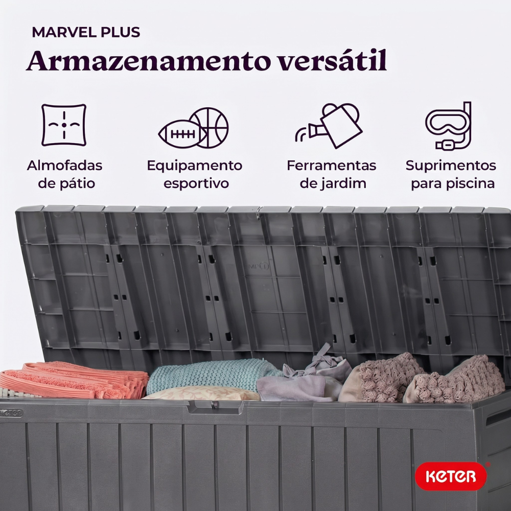 CAIXA GRANDE ORGANIZADORA 270 LITROS BAÚ COM TAMPA ARMAZENAMENTO MULTIUSO MARVEL KETER