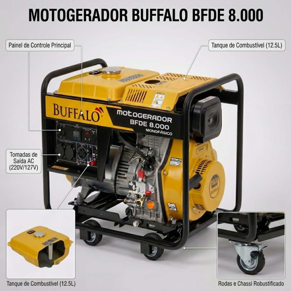 GERADOR DE ENERGIA A DIESEL BFDE 8000 MONOFÁSICO 6,5 KVA COM PART.ELÉTRICA 110/220V