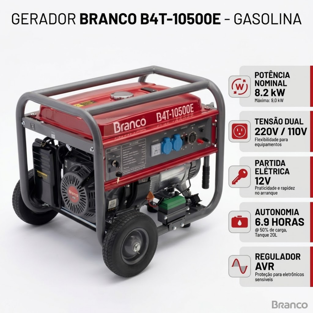 GERADOR A GASOLINA BRANCO B4T-10500E 9,0kVA 16,5CV 3600RPM