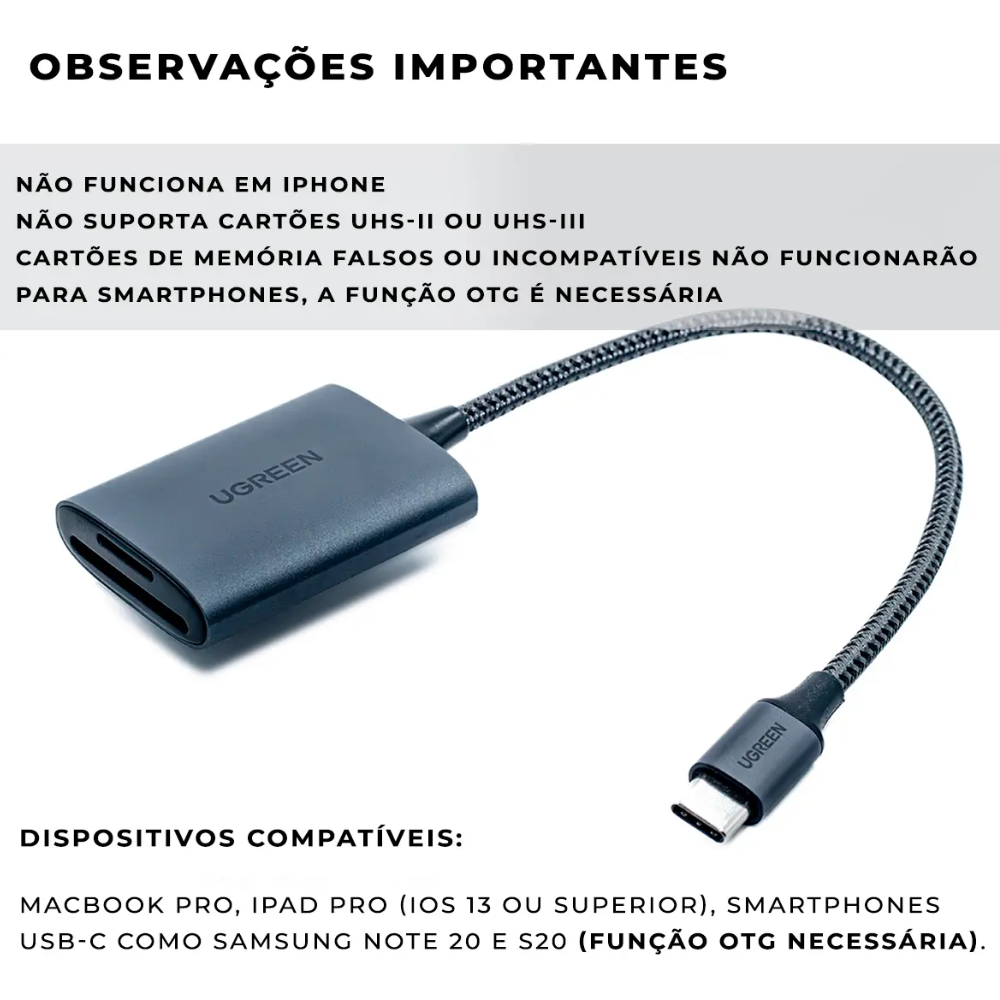 Leitor de Cartão UGREEN 80888 USB-C para SD e Micro SD/TF