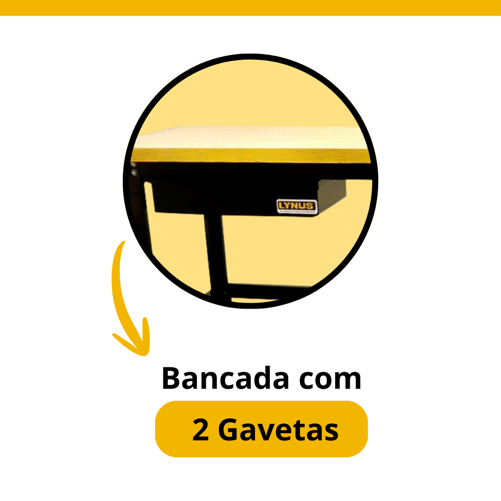Bancada de Oficina Aberta com 2 Gavetas 400kg 2 Metros Tampo 40mm Lynus