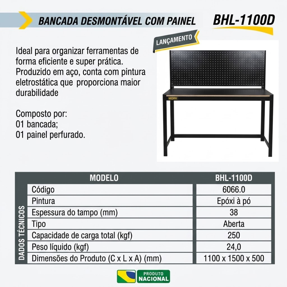 Mesa Bancada de Trabalho Oficina C/ Painel E Suportes de Ferro Lyus BHL-1100D