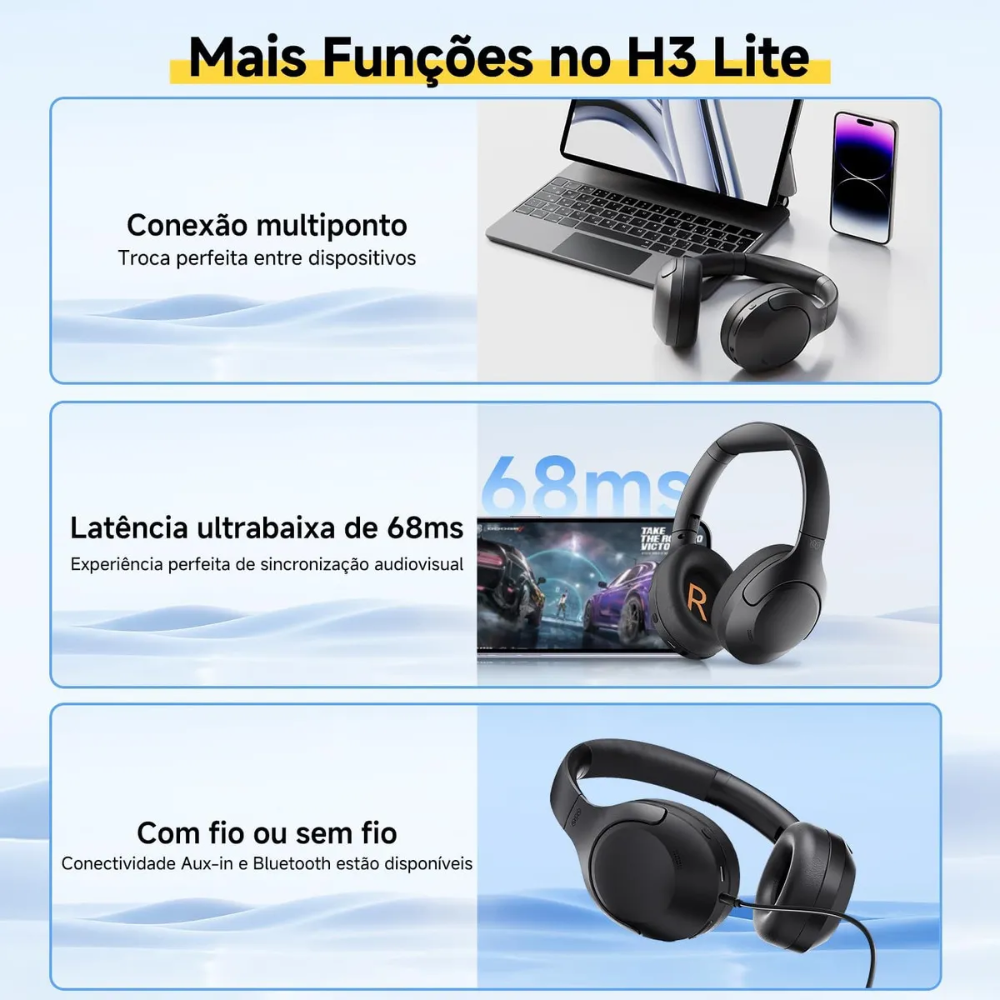 Fone de Ouvido Headphone Bluetooth QCY H3 Lite ANC BH24H3C 5.3 60h