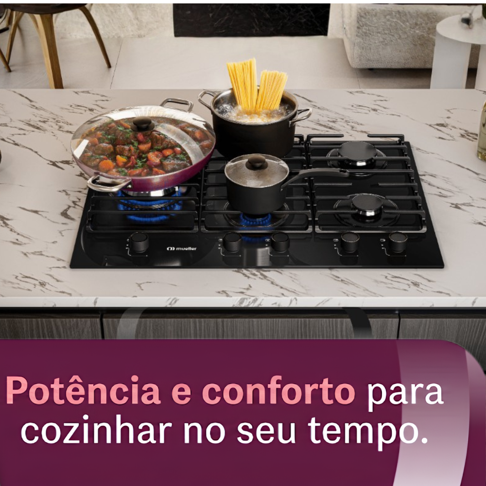 Cooktop Mueller 5 Bocas Vidro Tripla Chama MCG5BM Bivolt