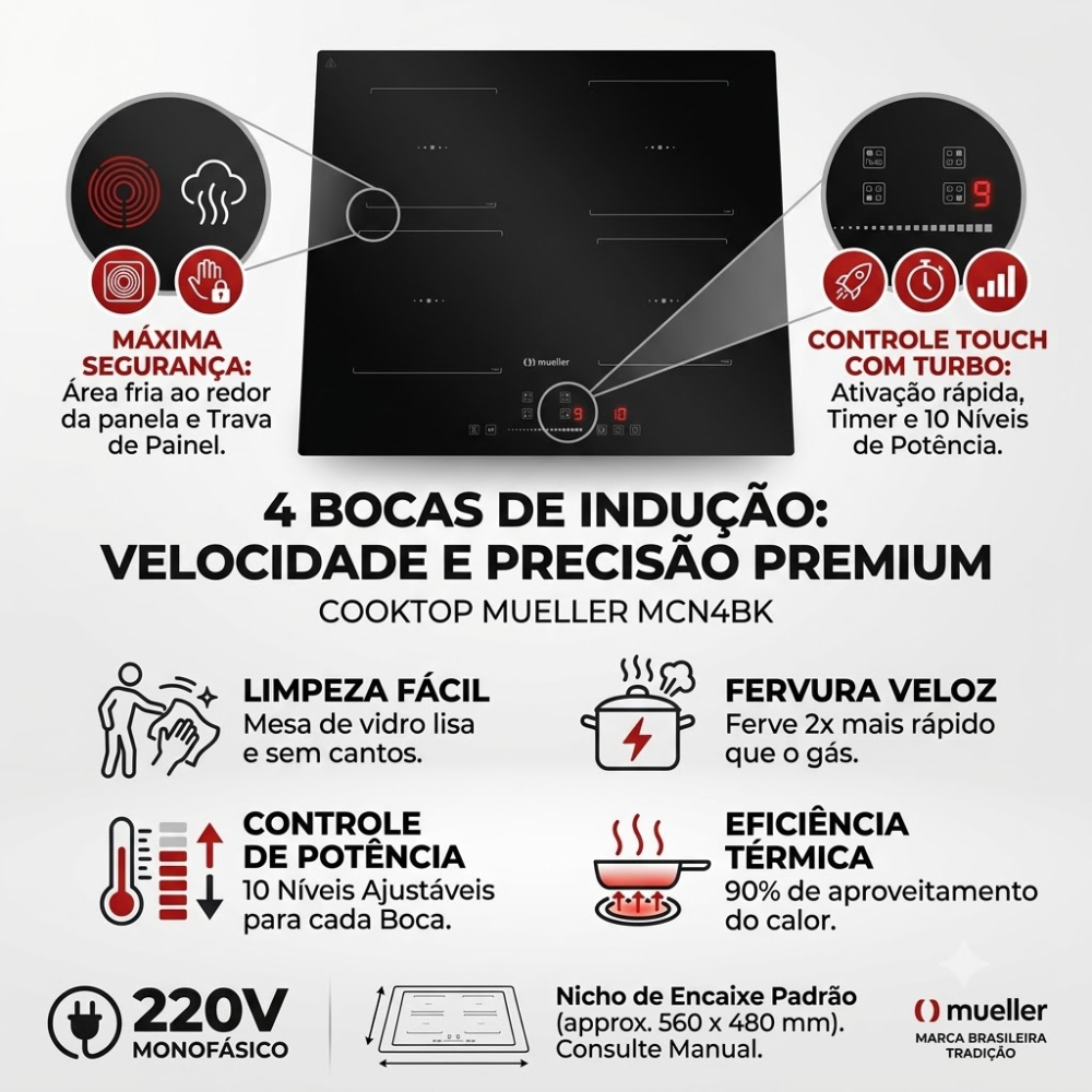 Cooktop de Indução Mueller 4 Bocas Turbo MCN4BK 220V