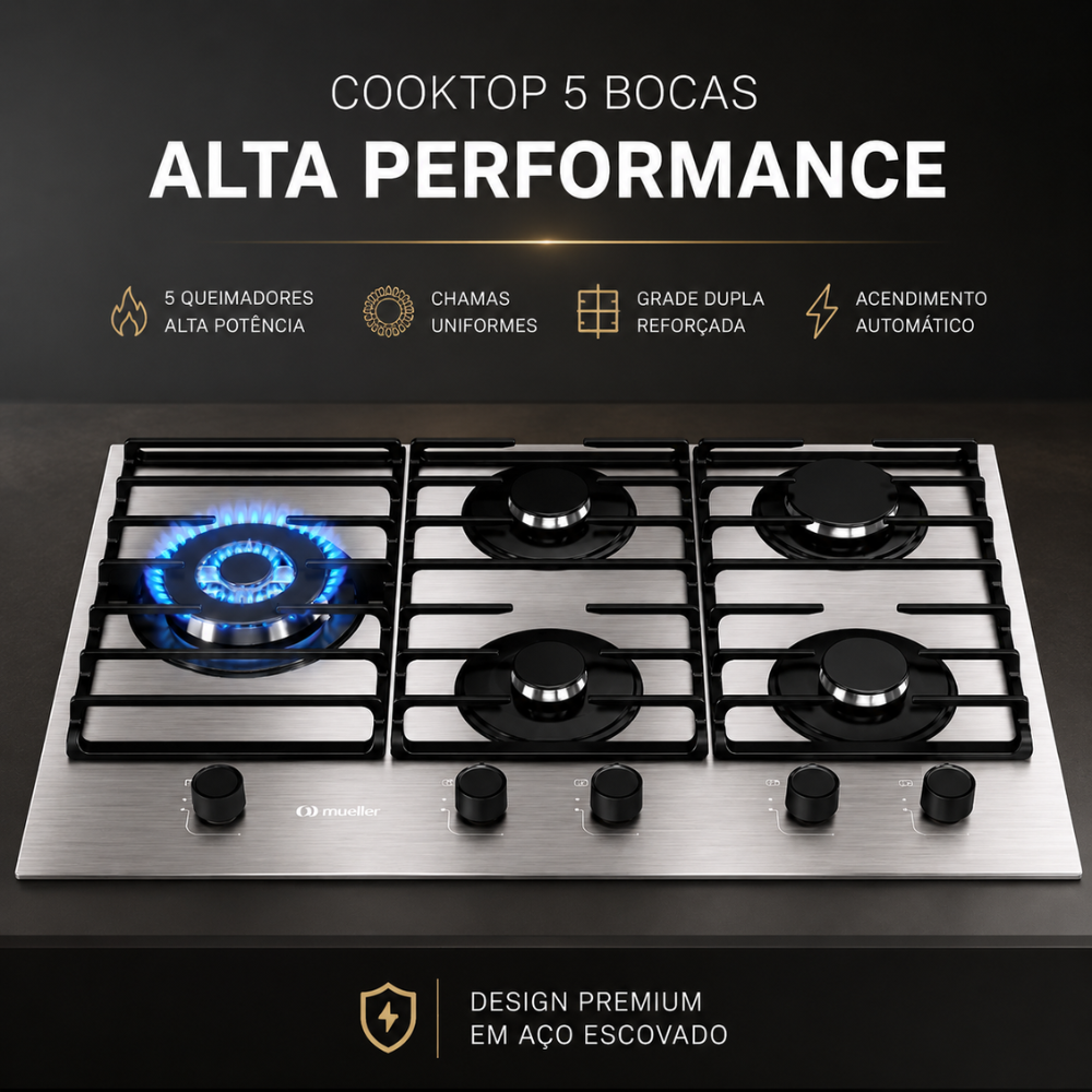 COOKTOP 5 BOCAS A GÁS MUELLER TRIPLA CHAMA MESA DE ALUMÍNIO MCG5BL BIVOLT