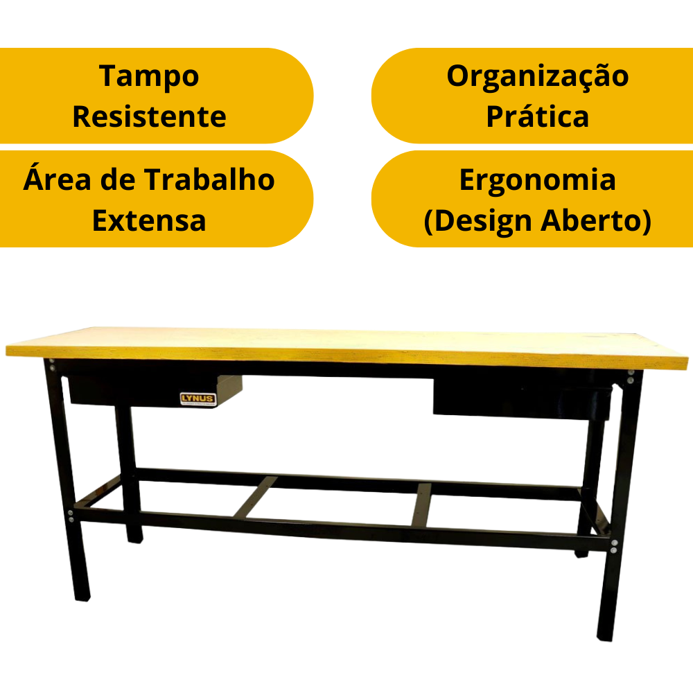 Bancada de Oficina Aberta com 2 Gavetas 400kg 2 Metros Tampo 40mm Lynus