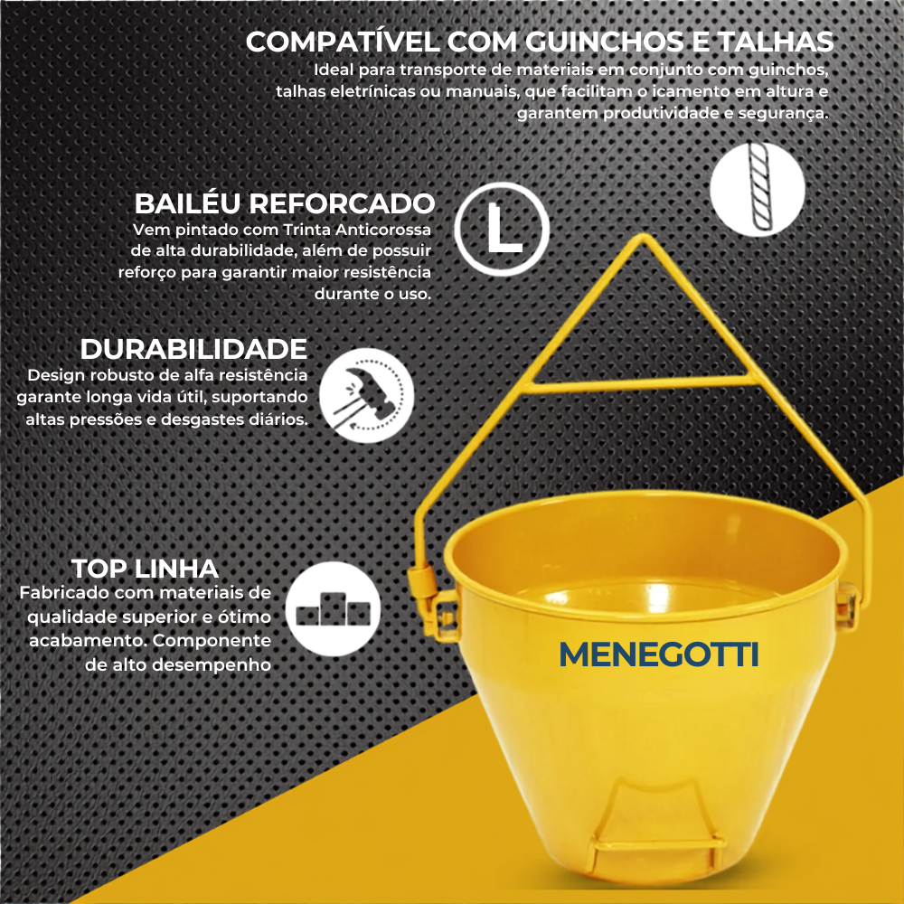 Balde Caçamba 50 Litros para Guincho Hidráulico e de Coluna Menegotti Cor Amarelo