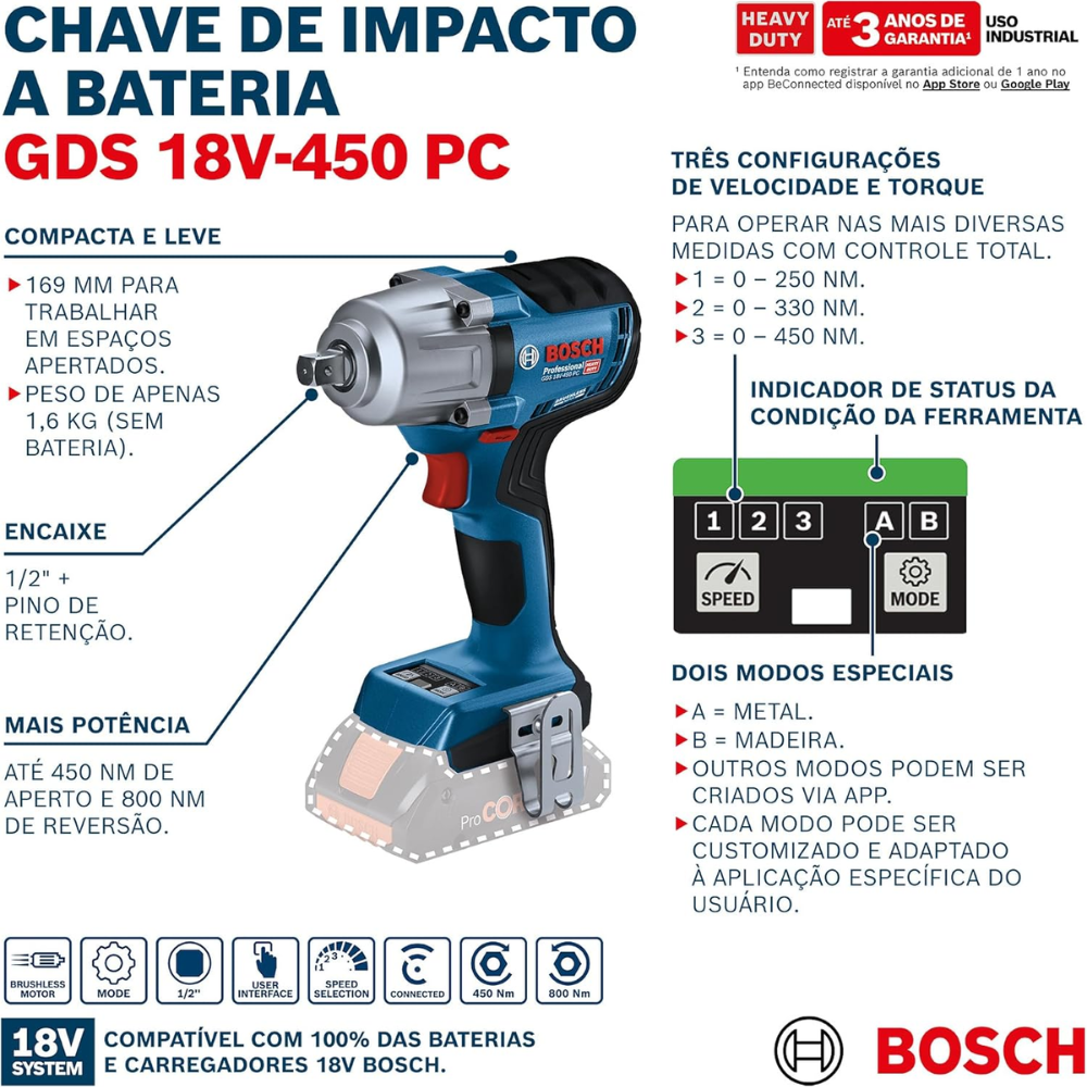 Chave de Impacto a Bateria 18V GDS 18V-450 PC 450Nm Brushless 1/2? Bosch