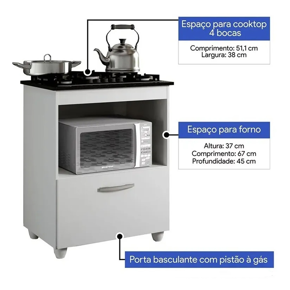 KIT BALCÃO SALVIA MAIS FOGÃO COOKTOP 4 BOCAS PRETO ITATIAIA