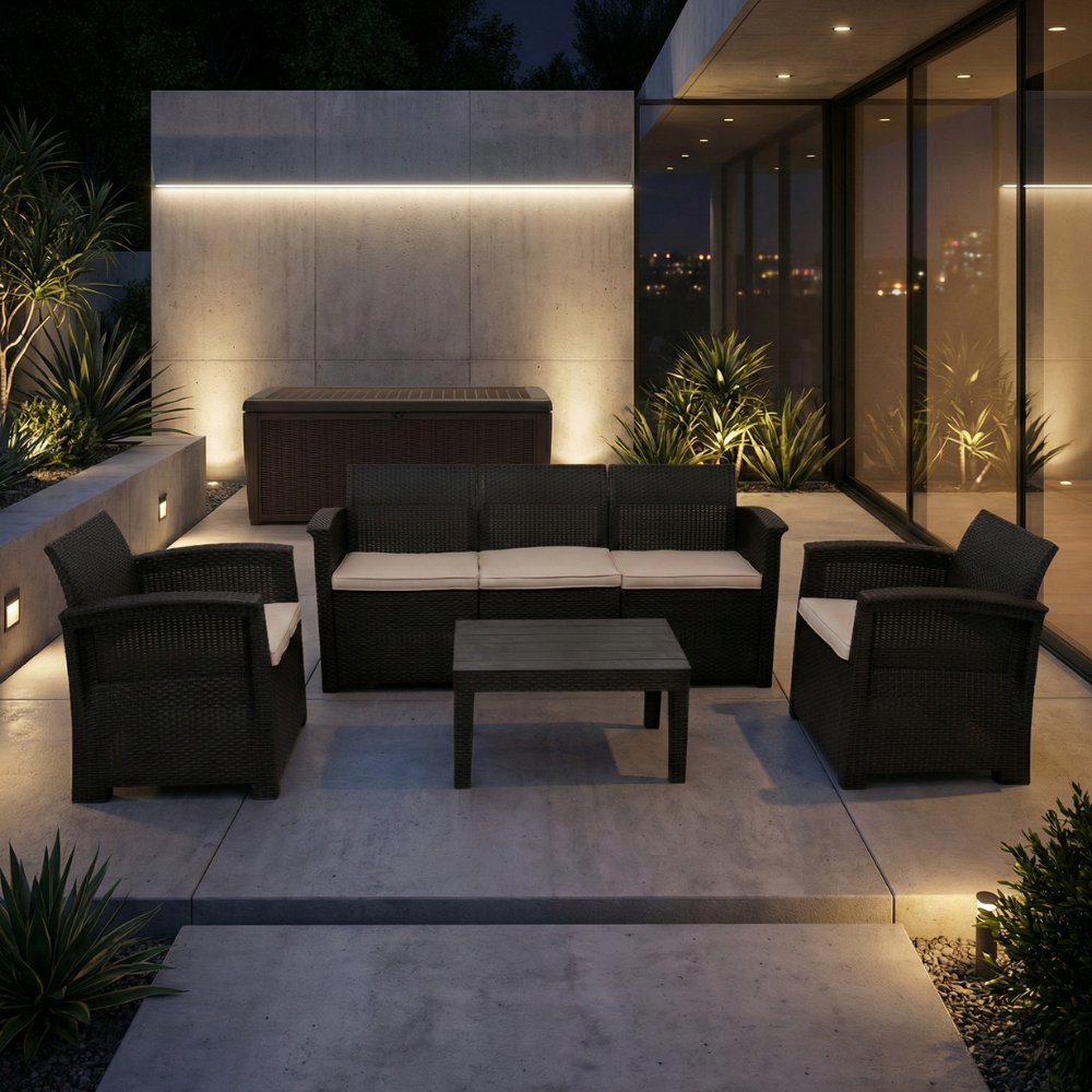 Conjunto Jogo Poltrona 5 Lugares Para Jardim Rattan Com Baú Organizador Syberflex