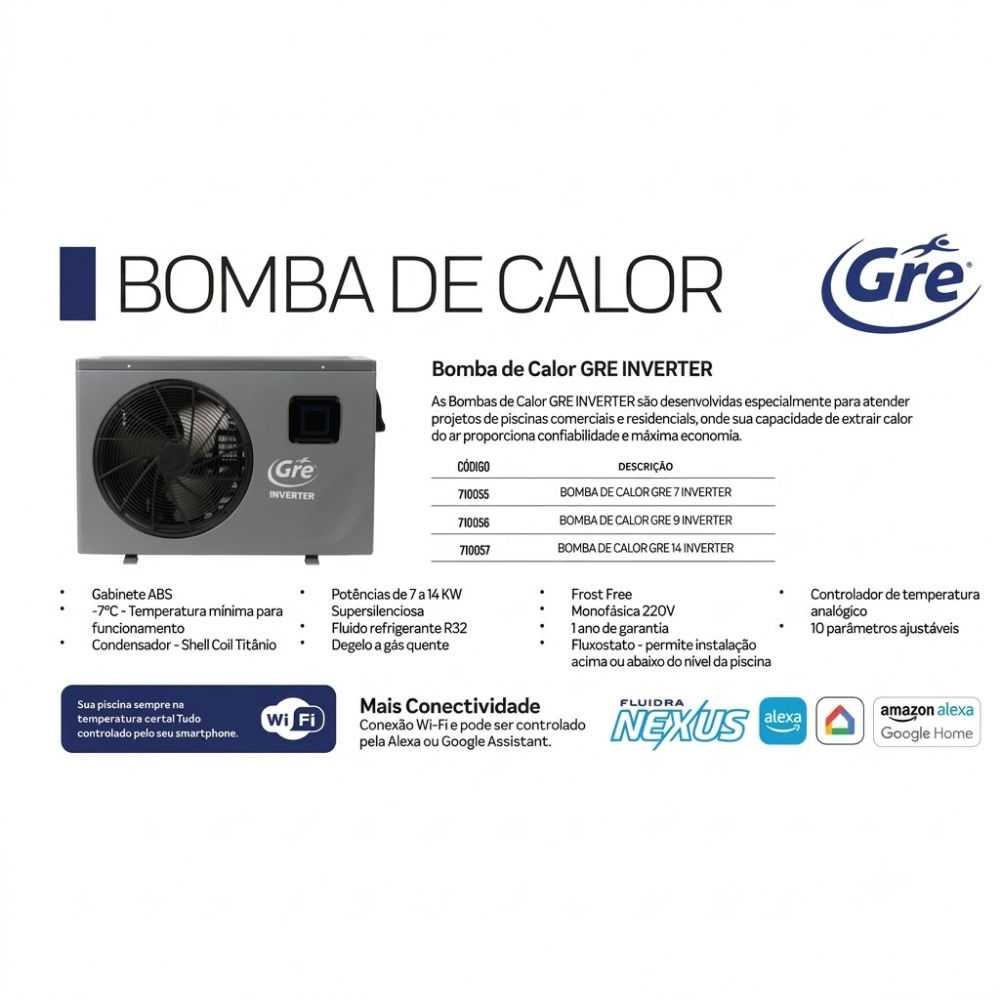 BOMBA TROCADOR DE CALOR GRE14 INVERTER 45.000 BTUS AQUECIMENTO PISCINAS ATÉ 69.000 LITROS 220V