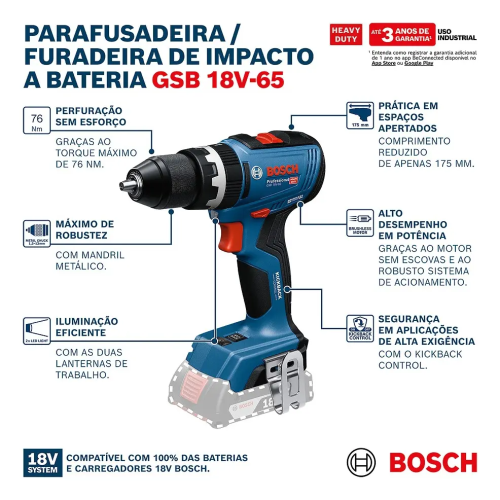 Parafusadeira Furadeira de Impacto Bosch GSB 18V-65 18V Brushless com 2 Baterias e Carregador