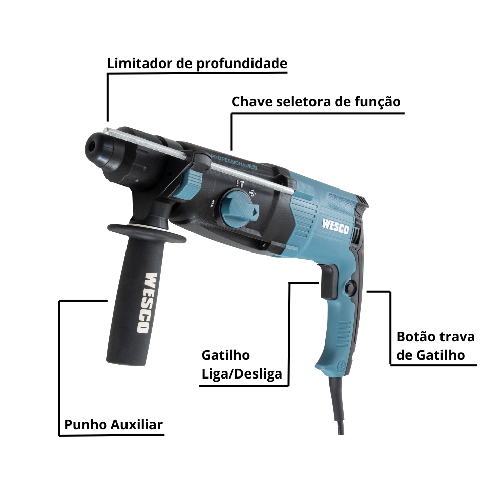 Martelete Perfurador/Rompedor Wesco WS3229K 26mm 800W 220V com Maleta e Broca SDS-Plus 8x120 mm