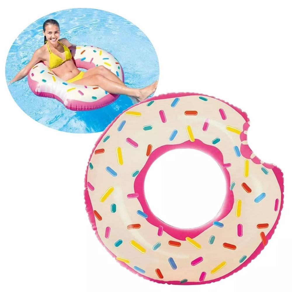 BOIA INFLÁVEL REDONDA DONUT ROSQUINHA MORDIDO GRANULADO ROSA INTEX PISCINA DIVERSÃO
