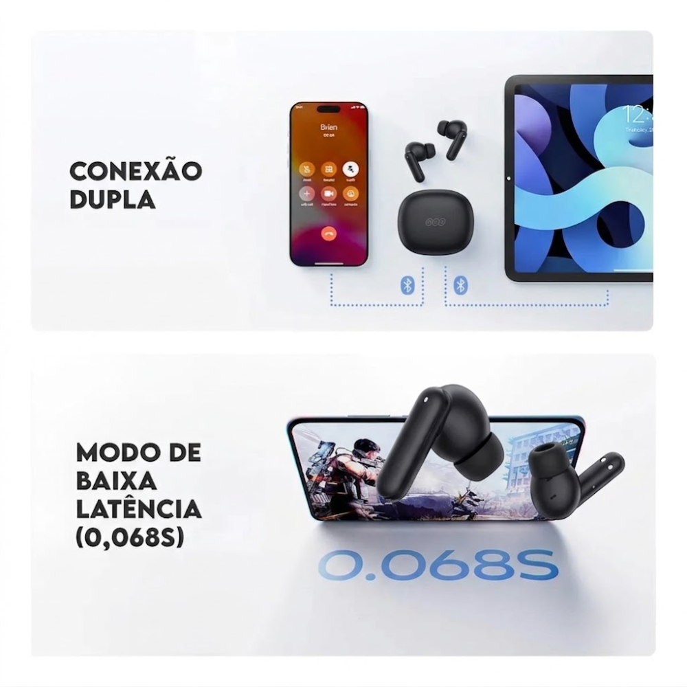 Fone de Ouvido Bluetooth QCY MeloBuds N30 ANC 45dB BH24HT16A 28h