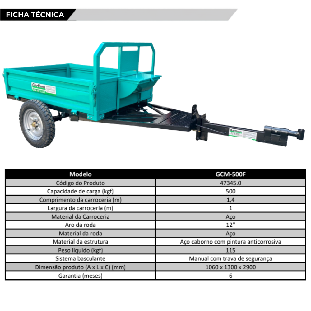 Kit Motocultivador Toyama 7HP TT90R-XP-U com Carretinha Garthen GCM-500F 500kg