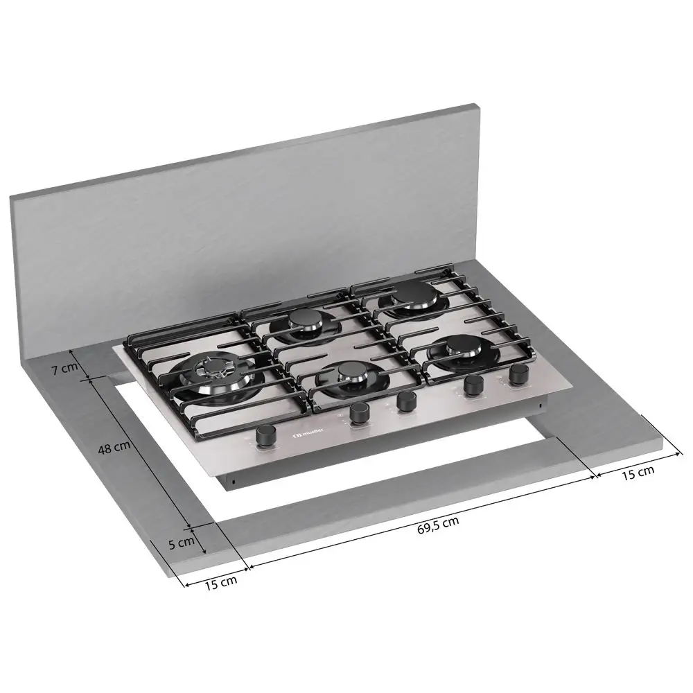 COOKTOP 5 BOCAS A GÁS MUELLER TRIPLA CHAMA MESA DE ALUMÍNIO MCG5BL BIVOLT