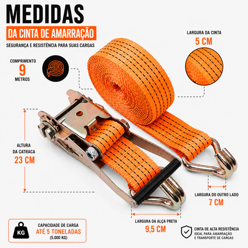 Cinta com Catraca Carga 5T 9 Metros Caminhão Amarração Fita Amarrar Transporte