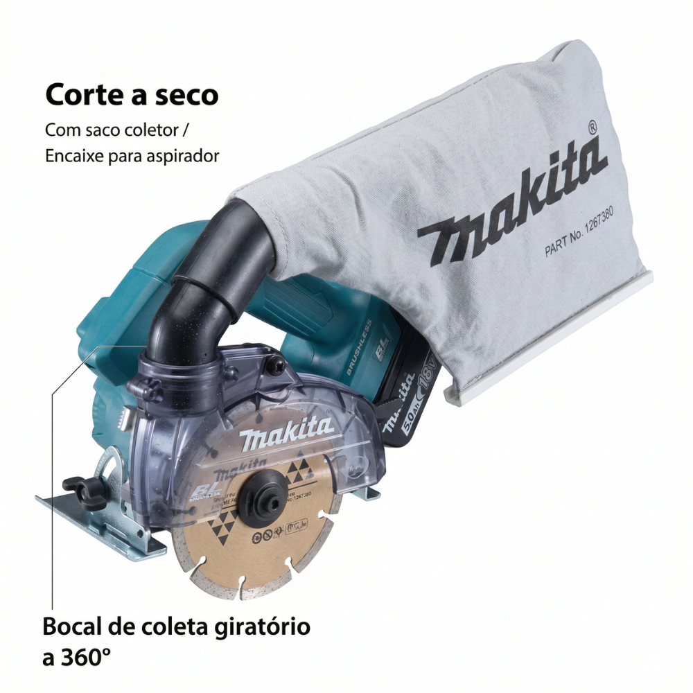 Serra Mármore a Bateria 18V DCC500 125mm Motor Brushless Com Bateria e Carregador Makita