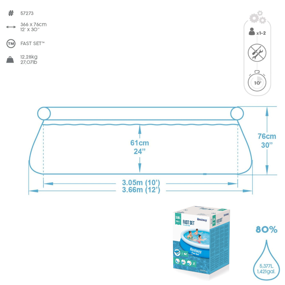 Piscina Inflável Bestway Fast Set 5.377 Litros 3,66m com Bomba Filtrante 127V