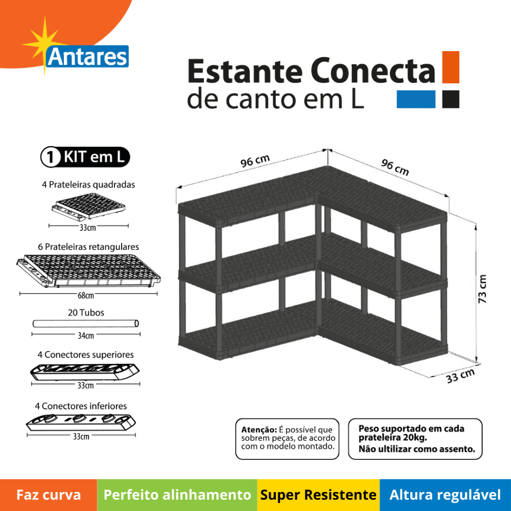 Estante Plástica Conecta em L Modular Preta Antares
