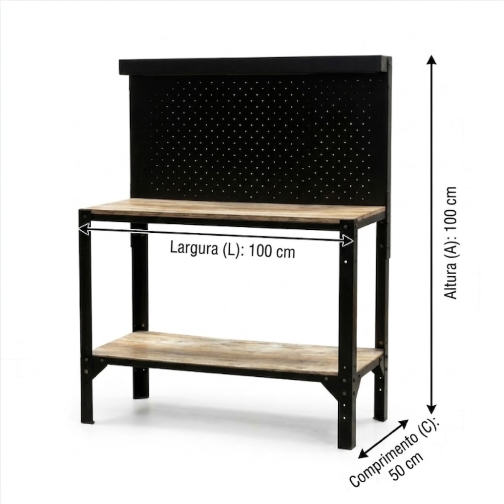 Mesa Bancada de Trabalho Oficina C/ Painel E Suportes de Ferro Lyus BHL-1100D