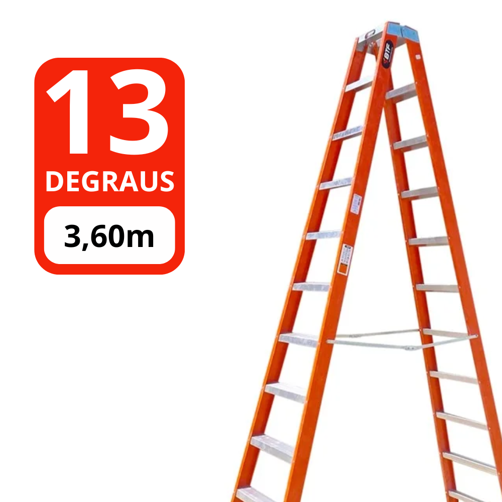 Escada Tesoura Profissional Fibra de Vidro e Alumínio 13 Degraus 3,60m Duplo Acesso Síntese