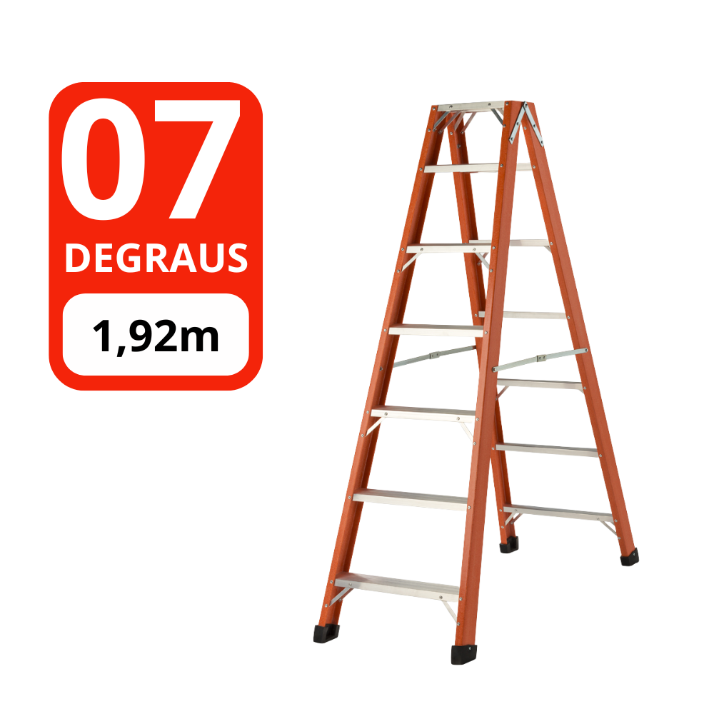 Escada Tesoura Profissional Fibra de Vidro e Alumínio 07 Degraus 1,92m Duplo Acesso Síntese