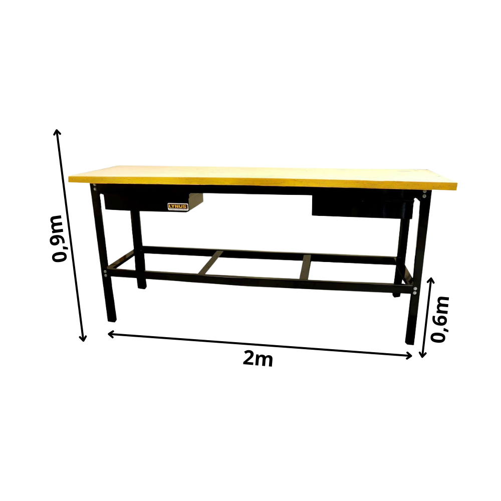 Bancada de Oficina Aberta com 2 Gavetas 400kg 2 Metros Tampo 40mm Lynus