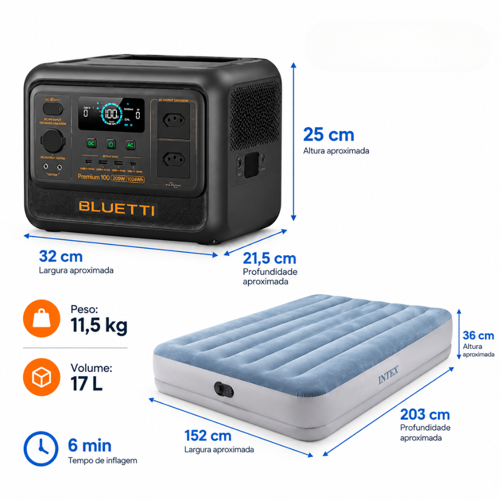 Kit Estação de Energia BLUETTI Premium 100 V2 e Colchão INTEX Queen
