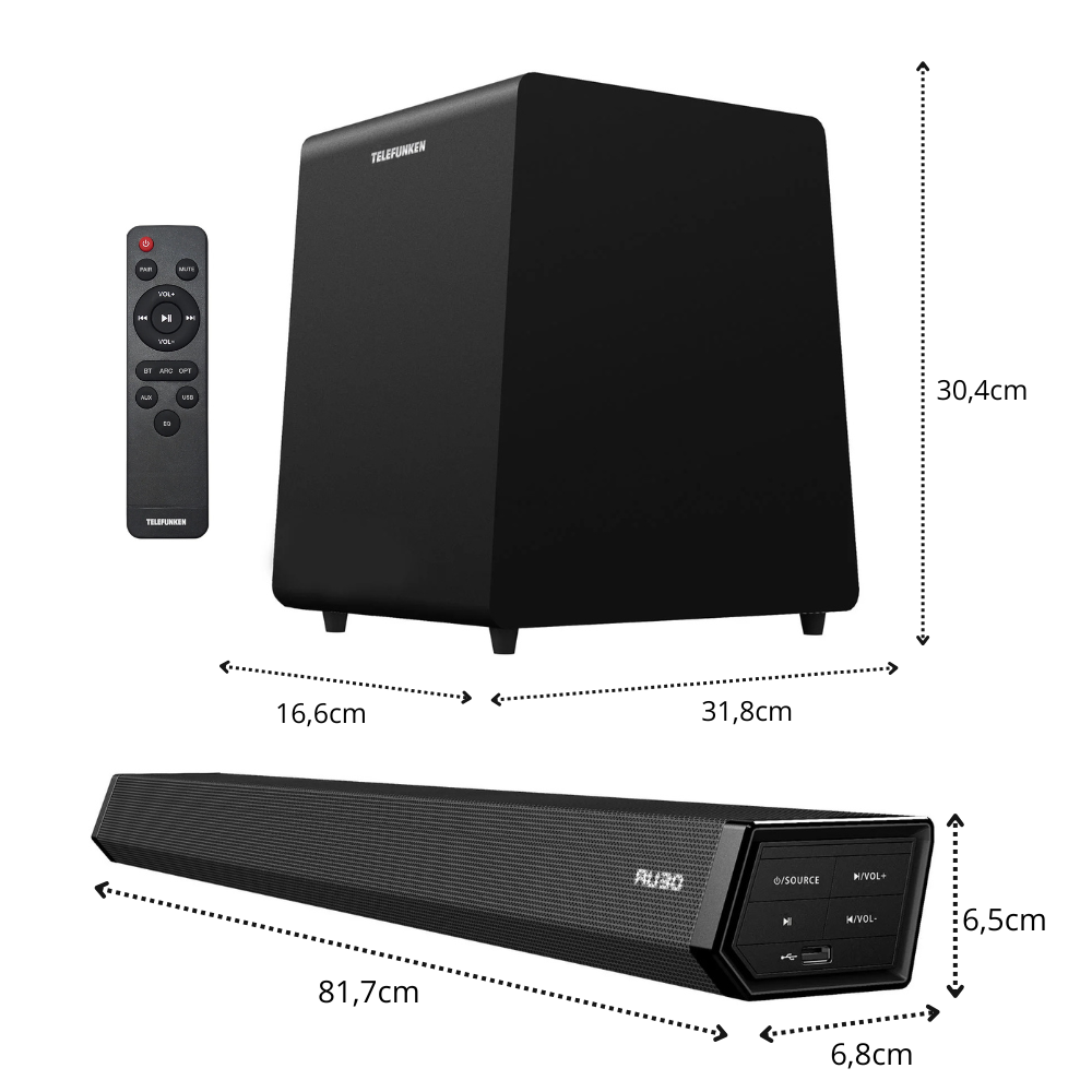 Soundbar Telefunken 2.1Caixa de Som Tv Home Theater C/subwoofer Bluetooth Som de Cinema Polaris 900